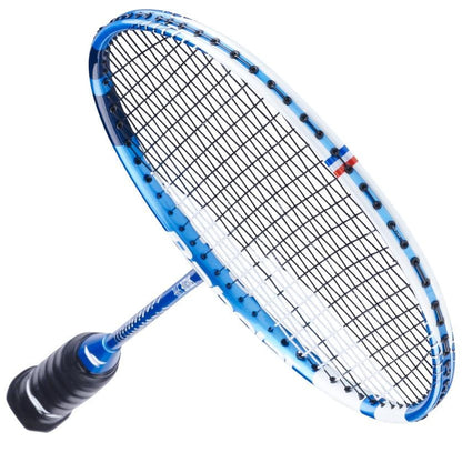 A close-up image highlights the Babolat Satelite Spire Badminton Racket - Blue, with its striking blue and white frame contrasted by black strings. It features Shot Optimizer technology, and the handle is adorned with a black grip. The racket is positioned diagonally against a white background.