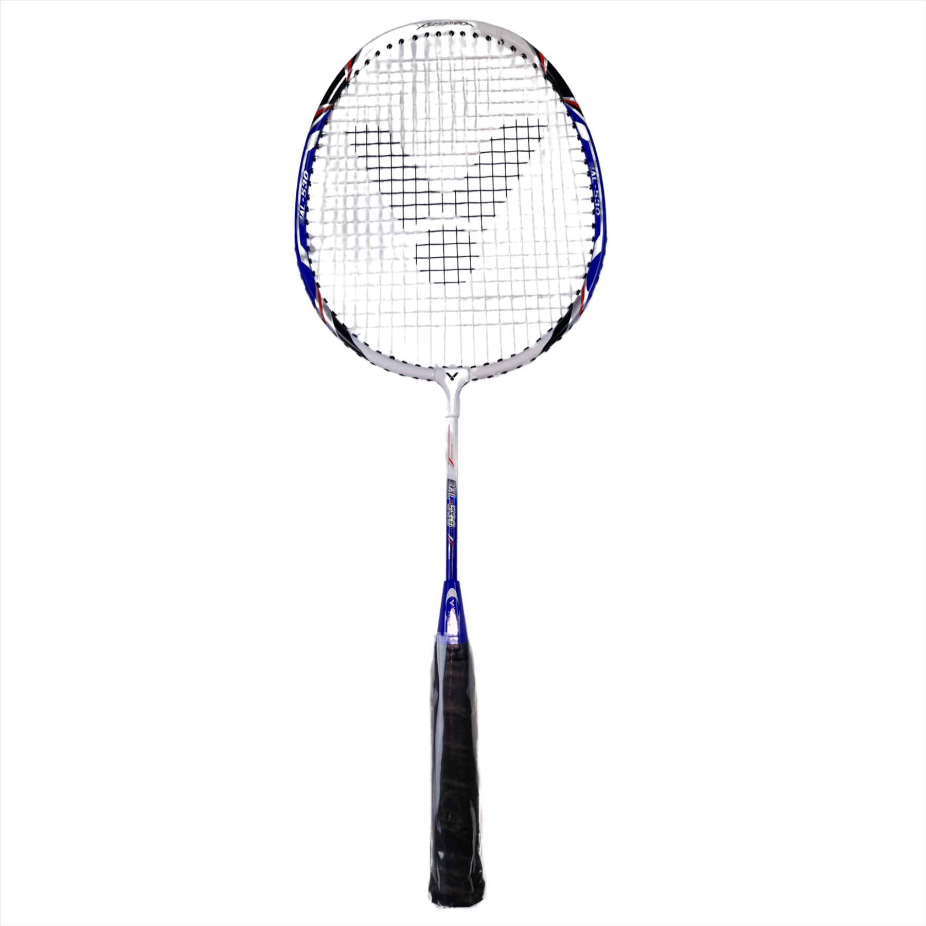 The Victor AL530 Junior Badminton Racket by Victor showcases a striking blue and white frame paired with a black grip, all complemented by a distinctive logo on the strings set against a pristine white background. This durable racket is ideal for young players sharpening their skills.