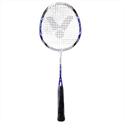 The Victor AL530 Junior Badminton Racket by Victor showcases a striking blue and white frame paired with a black grip, all complemented by a distinctive logo on the strings set against a pristine white background. This durable racket is ideal for young players sharpening their skills.