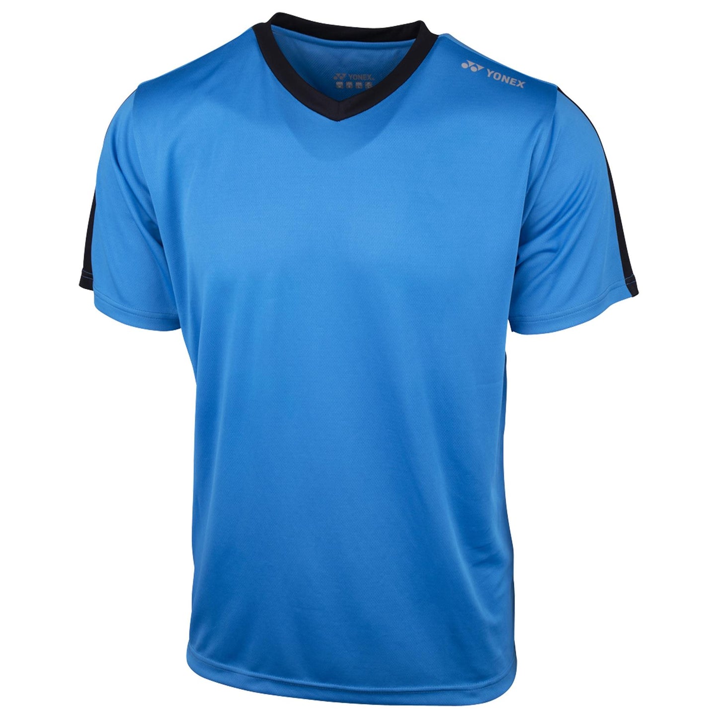 The Yonex YTM3 Men's Badminton T-Shirt in navy features a sporty design with black accents on the collar and shoulders. It has a v-neck style and short sleeves for enhanced mobility. Made from breathable fabric, it ensures comfort, with the Yonex logo prominently displayed on the upper left side.