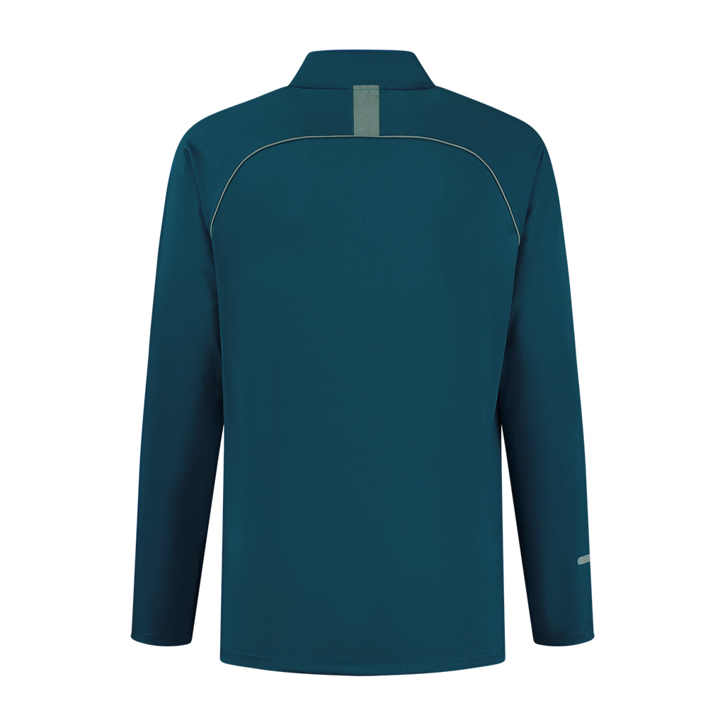 Back view of the K-Swiss Tac Hypercourt Long Sleeve 3 Badminton Top in Blue Opal, featuring a collar, a reflective strip near the top, and subtle stitching along the shoulders and sleeves. Its smooth fabric offers a sporty and timeless look, ideal for casual outings or athletic endeavors.