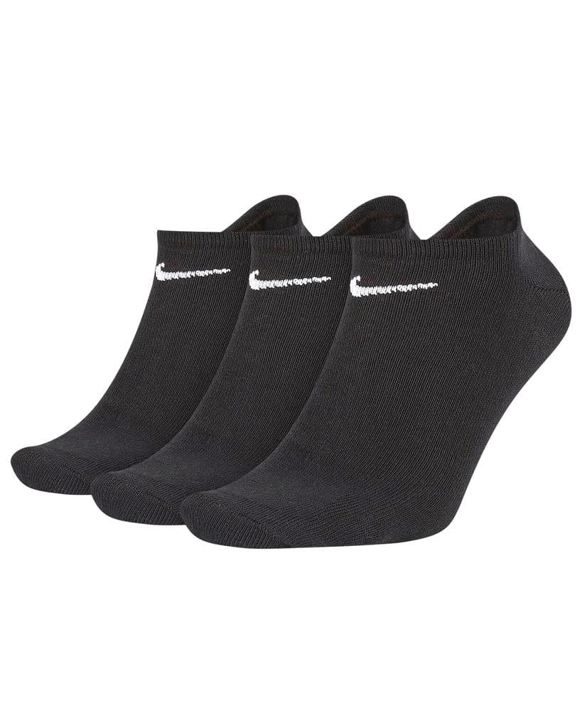 A set of Nike Unisex Ankle Socks - Black (3 Pack), featuring the classic white swoosh logo, are arranged neatly against a white backdrop. These socks are crafted with sweat-wicking technology to provide all-day comfort.