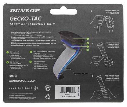 The packaging for the Dunlop Gecko-Tac Replacement Badminton Grip - White showcases a product image and provides detailed, illustrated instructions on how to attach the grip to your badminton racket. The design stands out against a black background, with text and graphics in white, green, and blue highlighting its tacky surface technology.