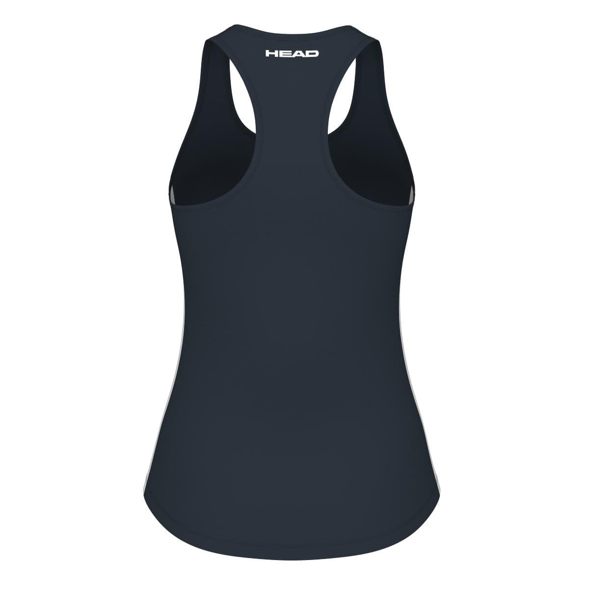 A navy sporty tank top designed for women, featuring a racerback design and made with Moisture Transfer Microfibre. The brand name "HEAD" is prominently printed in white at the top of the back, highlighting HEAD Sportswear's dedication to quality and performance.