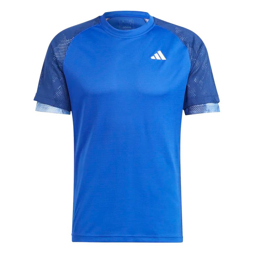 The adidas Melbourne Mens Raglan T-Shirt - Lucid Blue is a sporty tee featuring short sleeves and a white logo on the right chest. Made from recycled materials, its sleeves have a darker blue mesh pattern that contrasts with the solid lucid blue body for enhanced comfort and style.