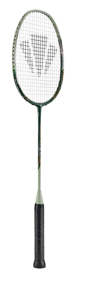 The Carlton Vapour Trail 87S Badminton Racket in green, engineered with Japanese High Modulus Graphite, boasts a patterned string face and a black grip handle, offering superb manoeuvrability and control set against a white background.