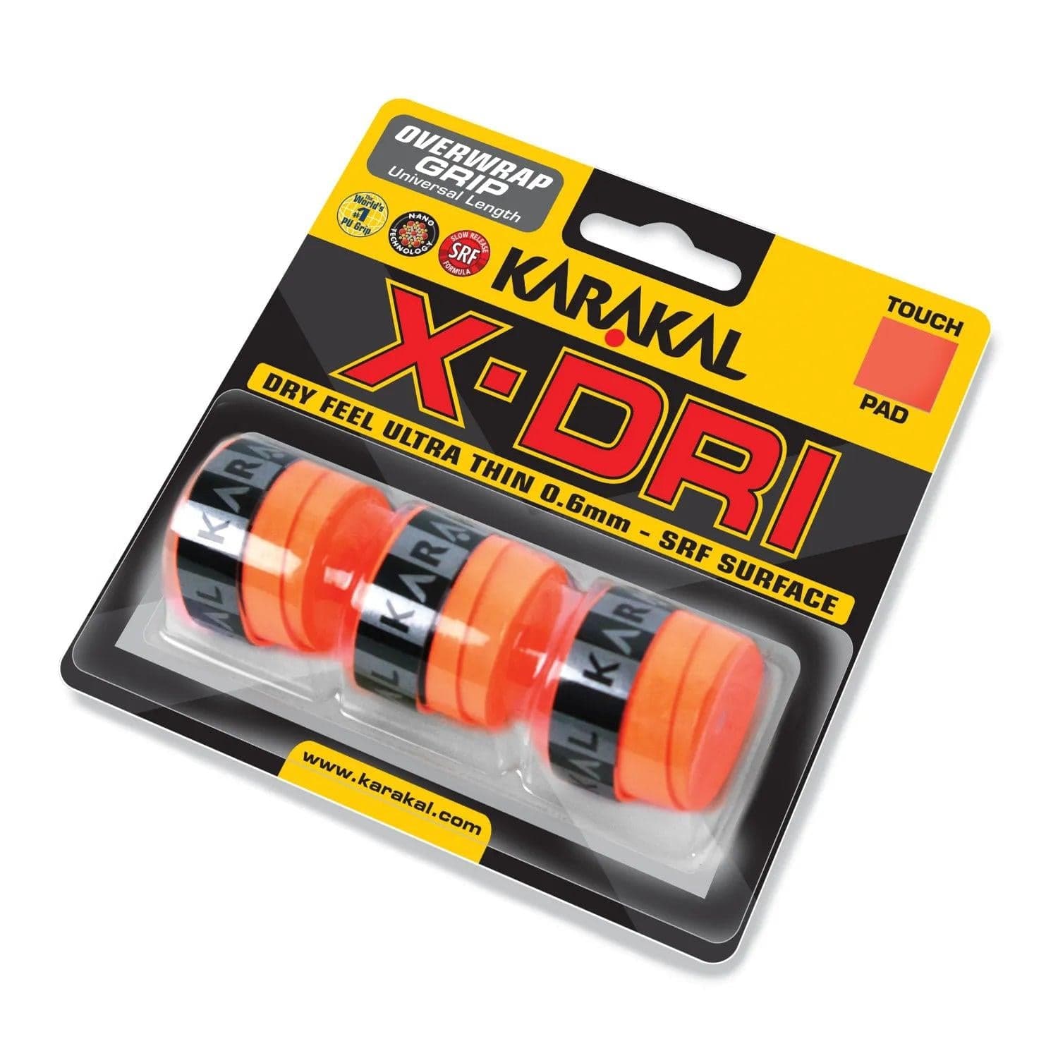 The packaging of the Karakal X-DRI 3 Pack Badminton Overgrips - Orange features three rolls of orange overgrip tape with black branding. It's designed specifically for badminton and is advertised as "dry feel ultra thin 0.6mm." The overgrips incorporate moisture-wicking technology to ensure a non-slip surface, and the packaging prominently displays "Overwrap Grip" alongside SRF Surface logos.