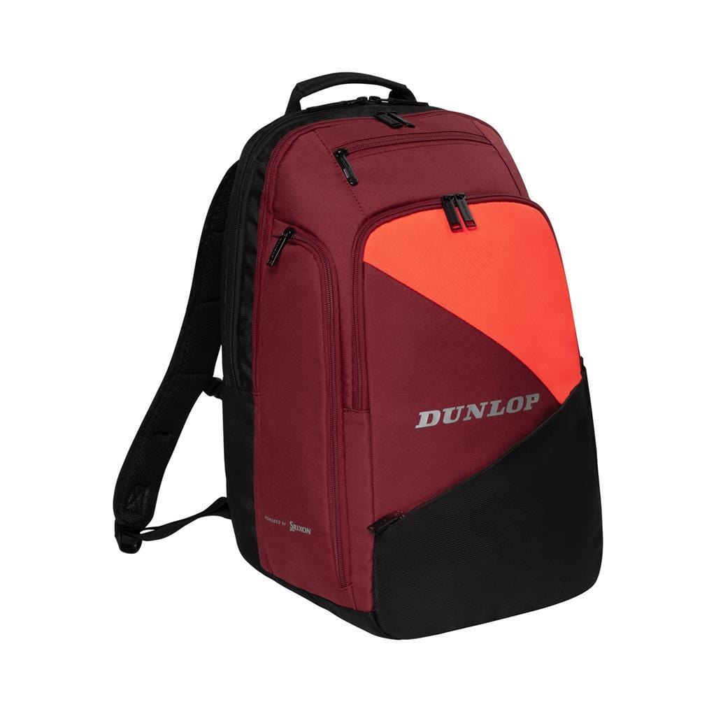 The Dunlop CX Performance Badminton Backpack in Black and Red features multiple zippered compartments, padded shoulder straps, and a handy rackets holder to accommodate all your sporting essentials.