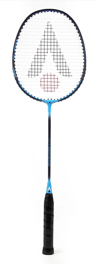 The Karakal CB-3 2.1 Badminton Racket is perfect for beginners, featuring a stylish design with a black frame accented by blue edges. Its handle is distinguished by its blue color and black grip, and the strings are adorned with a large, stylized "A" in black highlighted by a red accent. The racket's isometric head enhances playability as well.