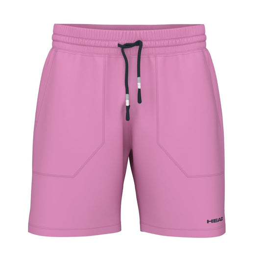 Cyan Pink HEAD Performance Men's Play Badminton Shorts featuring an elastic waistband and black drawstring. They include two front pockets with subtle stitching details and boast Moisture Transfer Microfiber technology along with 4-way stretch for optimal comfort. The brand name "HEAD" is printed in black on the bottom left.