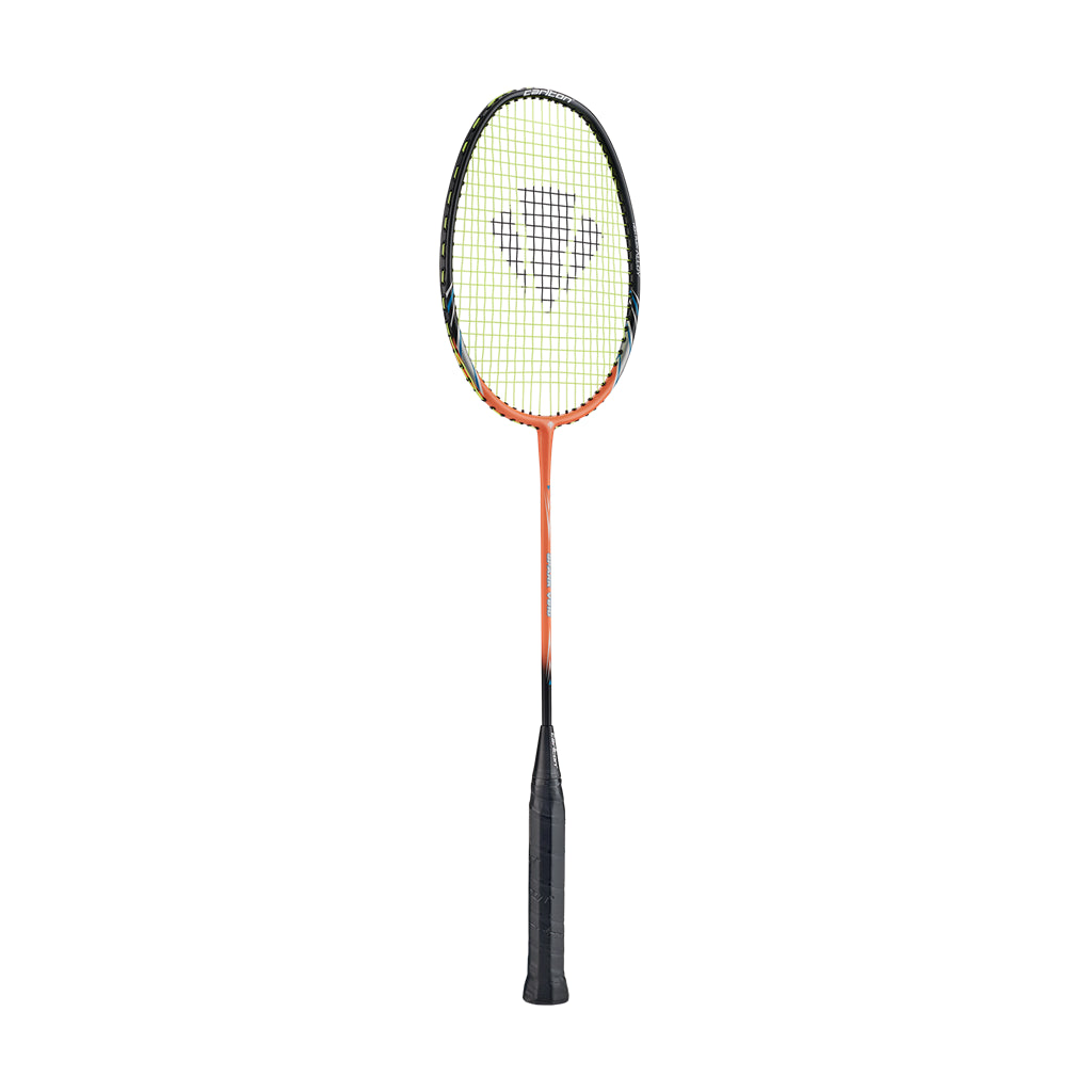 The Carlton Spark V810 Badminton Racket by Carlton combines a black handle and orange shaft, with its head showcasing a white string pattern accented by a black and blue logo. It features an uncomplicated design on a white background, making it perfect for beginners.