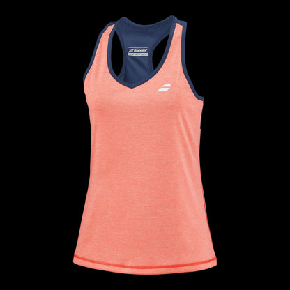 The Babolat Play Women's Badminton Tank Top in Fluo Strike and Estate Blue provides freedom of movement with its sleeveless design. It is highlighted by Estate Blue trim and a subtle logo, made from Fiber Dry polyester. The tank top boasts a racerback style with a slight V-neck, all set against the vibrant Fluo Strike color.