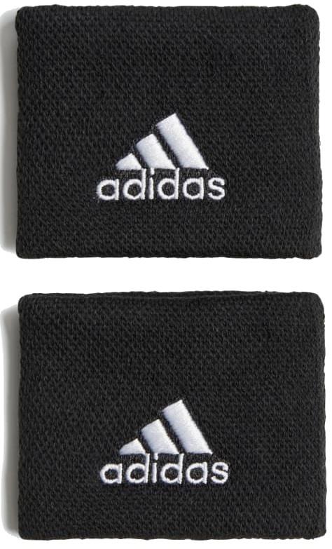 The adidas Wristband Sweatband Small - Black, made from recycled materials, is available in a sophisticated black with the classic white logo. These wristbands display the brand's signature three stripes centrally and feature moisture-absorbing capabilities to enhance comfort.