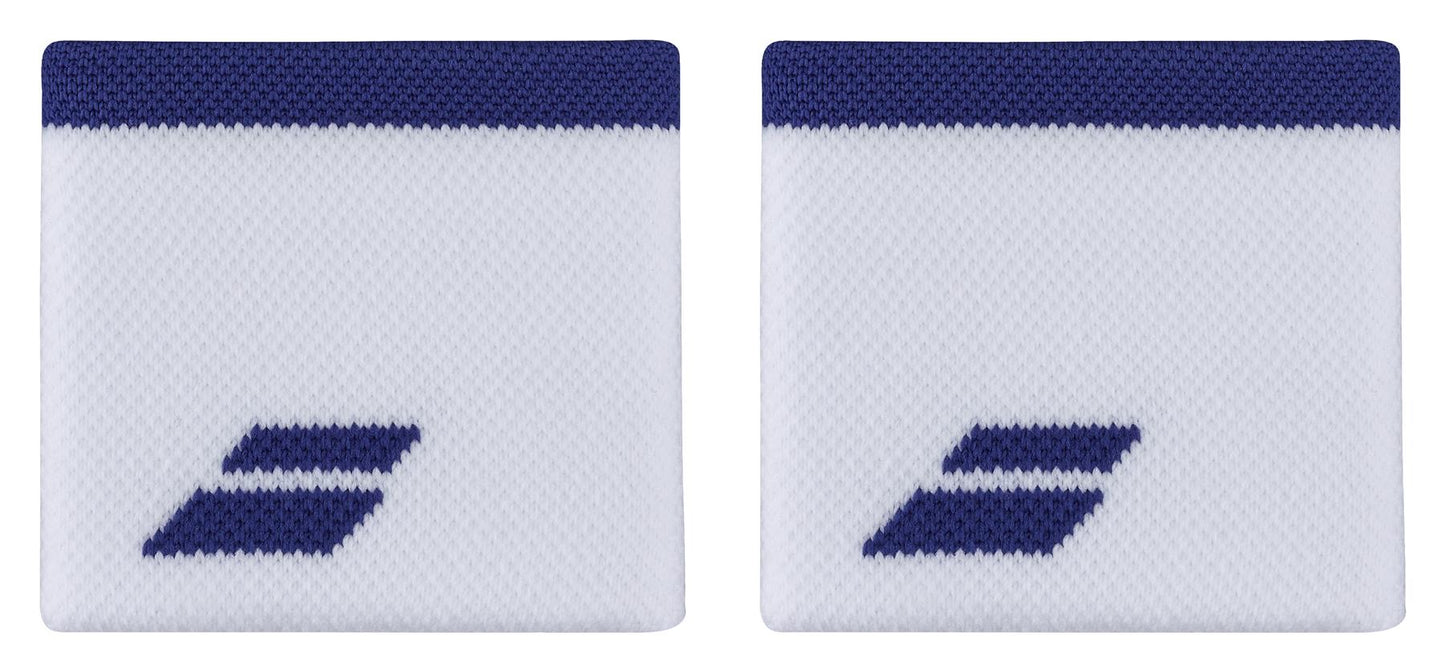 A pair of Babolat Logo Wristbands in White and Sodalite Blue, featuring the iconic logo on each. These comfortable wristbands are shown side by side on a white background, highlighting their sleek design.