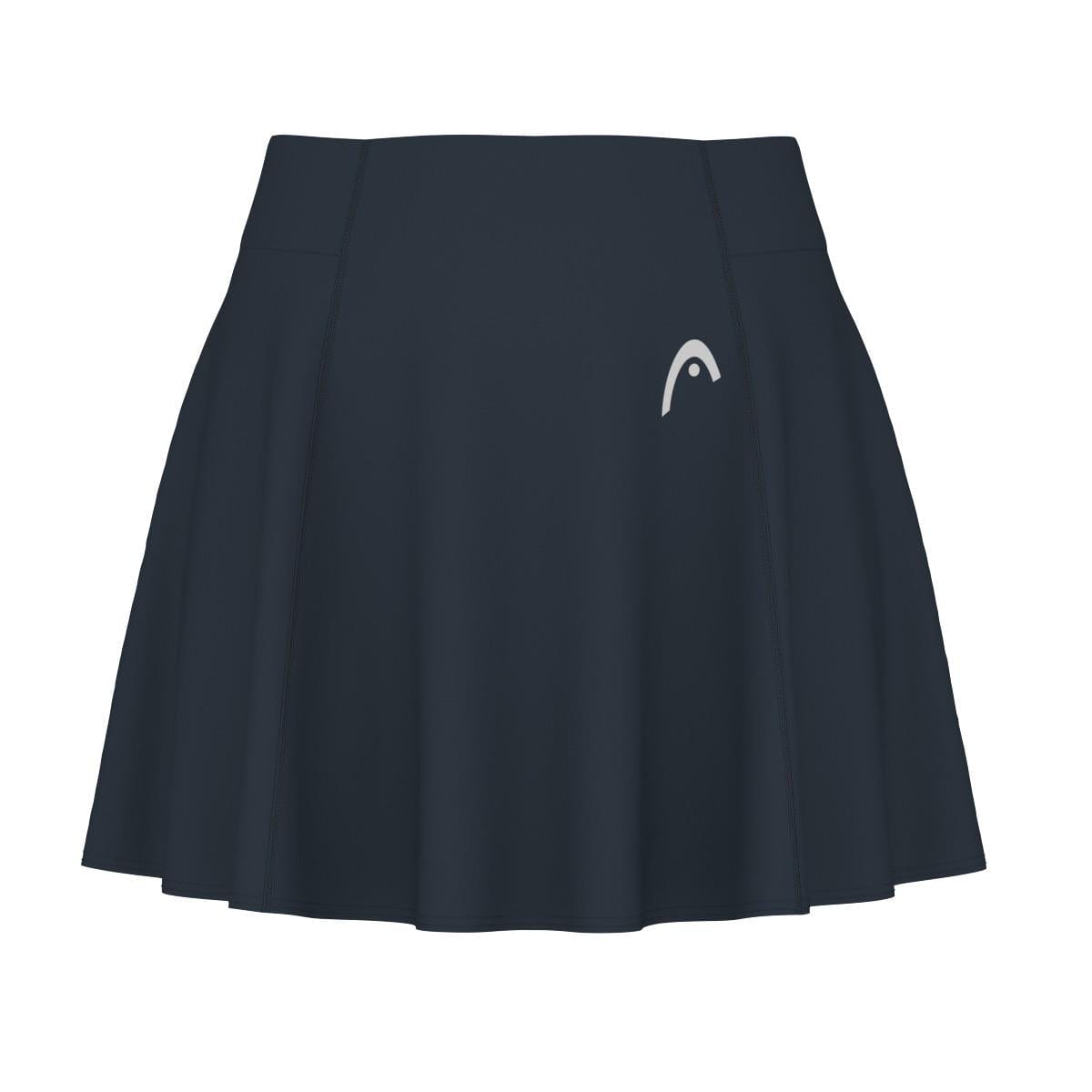 Introducing the HEAD Performance Women's Badminton Skort in navy, featuring a small white logo on the left side. This skort includes moisture transfer technology and convenient inner shorts for comfort and performance both on and off the court.