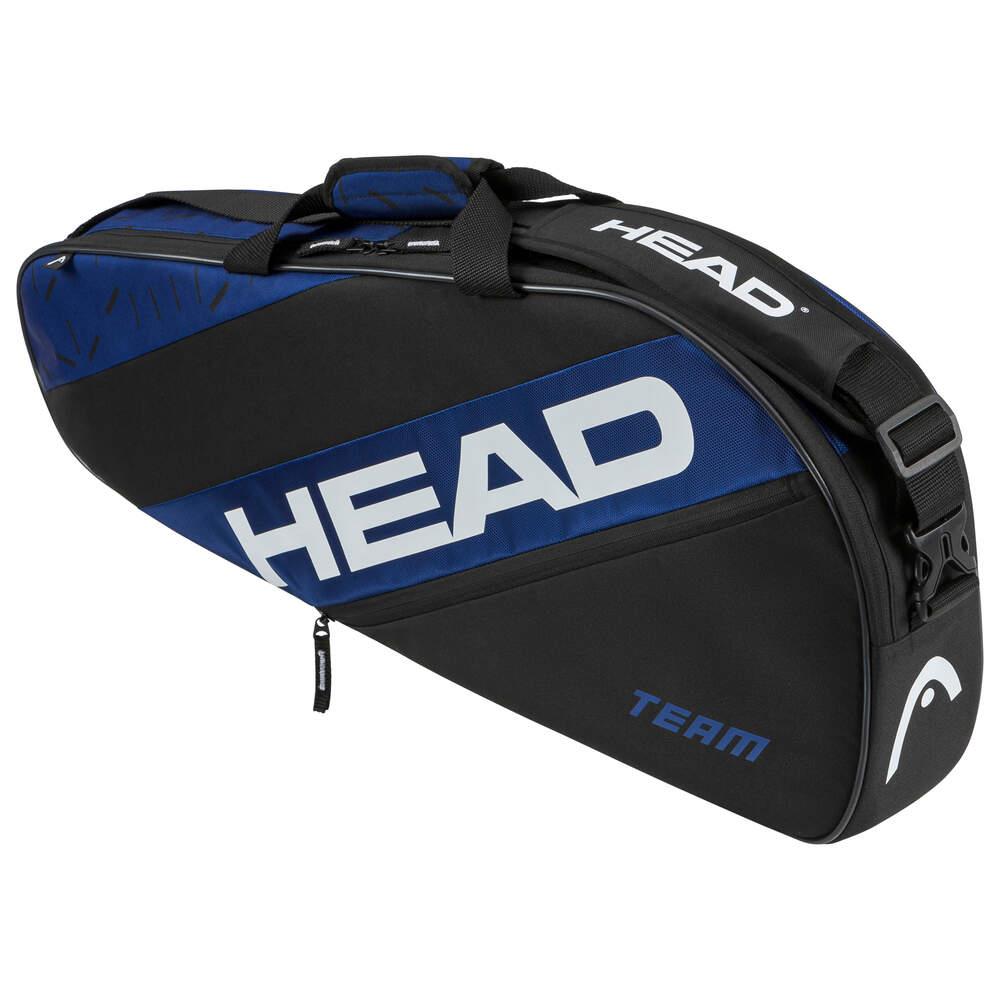 A black and blue HEAD Team 3 Racket Badminton Bag S - BLBK features a handle and an adjustable shoulder strap. The brand name "HEAD" is prominently displayed in white on the side, with "TEAM" in smaller font, highlighting its distinct HEAD Team design.