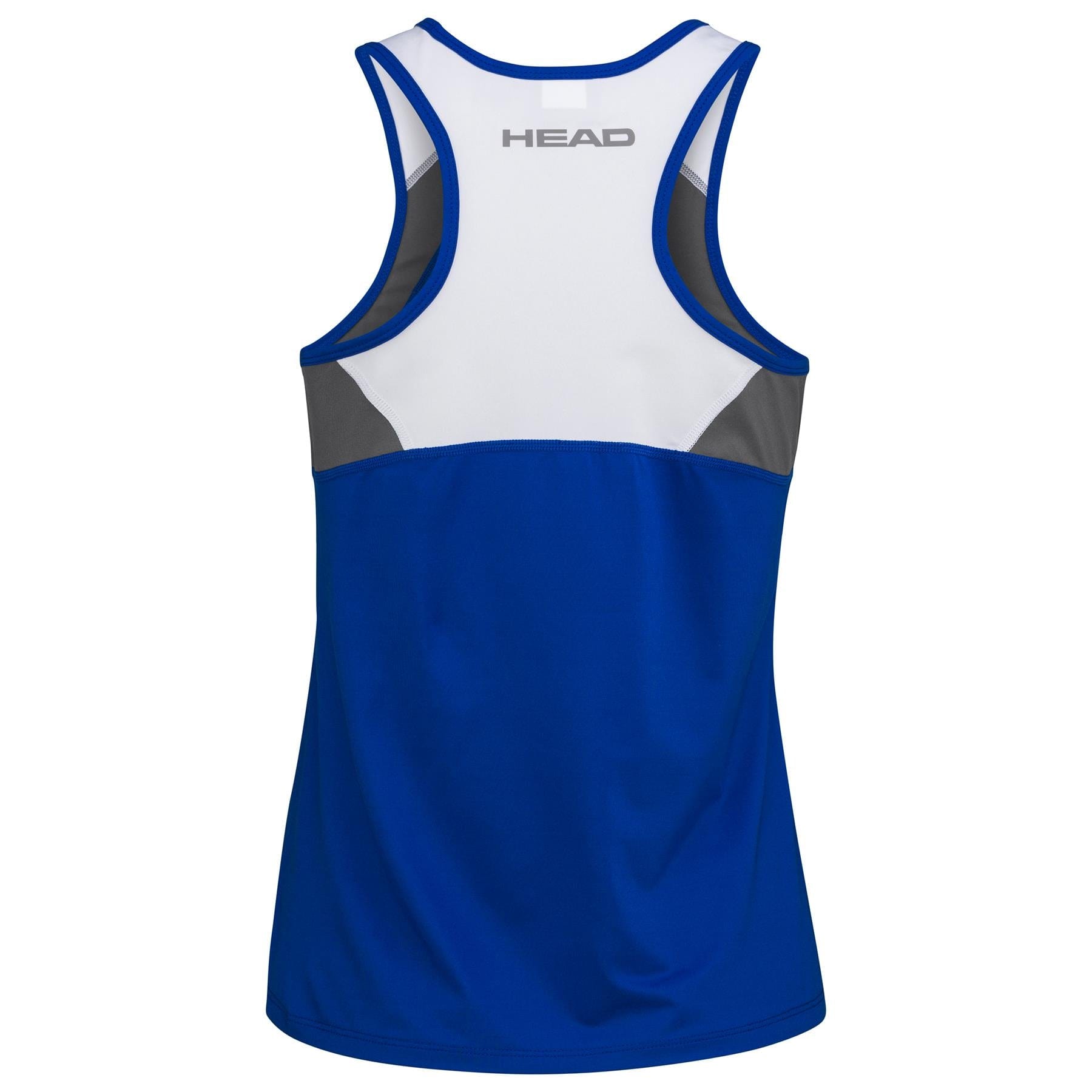 The HEAD Women's Club 22 Badminton Tank Top in royal blue features advanced comfort and a racerback design, with gray accents. Utilizing Moisture Transfer Microfibre technology, it ensures you stay cool and dry, while the "Head" brand is prominently printed on the upper back.