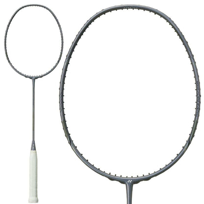 A close-up of the Yonex Nanoflare Nextage 4U badminton racket reveals its white grip and dark grey oval frame, ideal for intermediate players, with strings clearly visible against the plain white background.