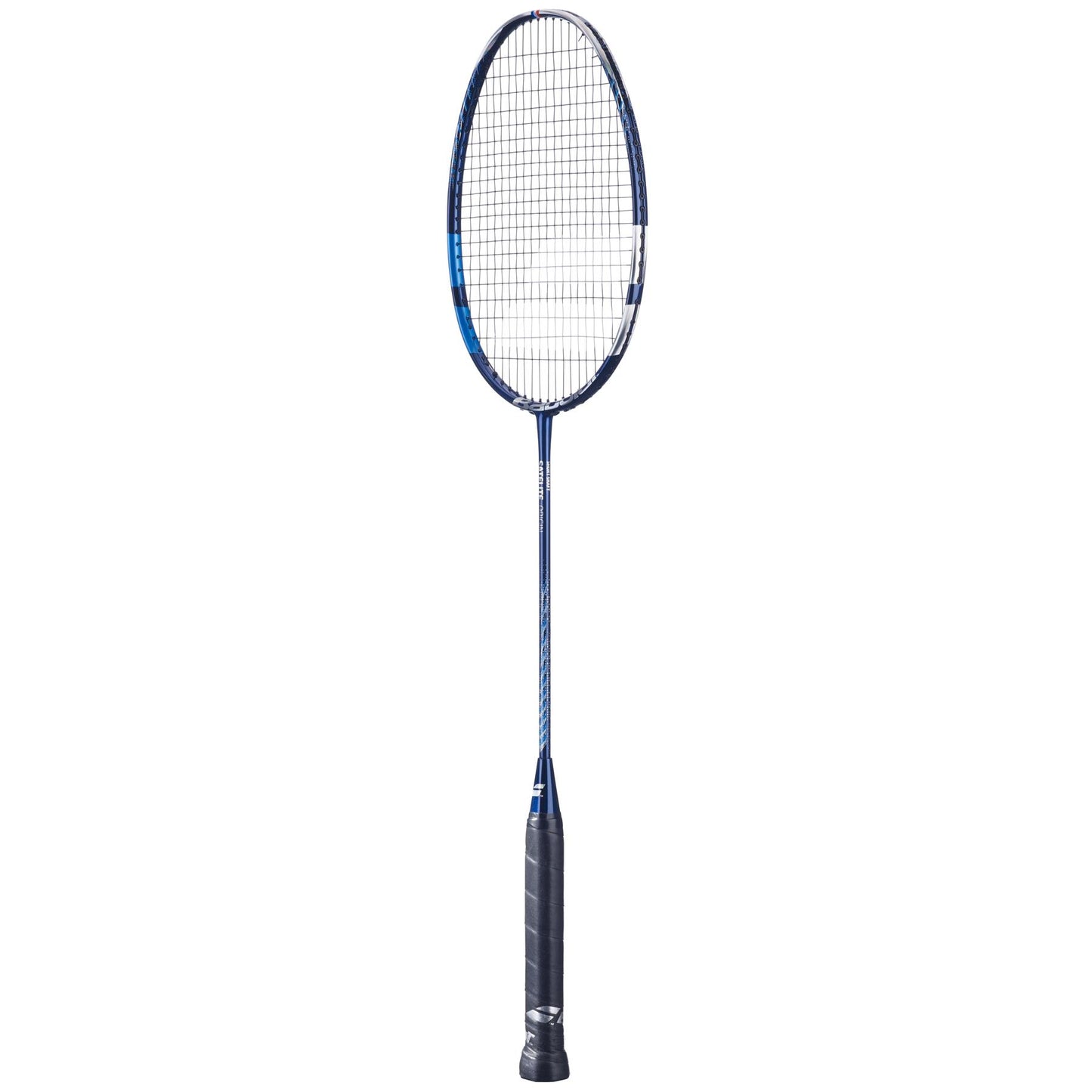 The Babolat Satelite Origin Badminton Racket - Blue, crafted by Babolat, sports a striking blue frame complemented by a sleek black grip. With strings taut across its oval head and a slender shaft, this racket is designed for effortless handling and precision. Its elegant design contrasts beautifully against the white background.