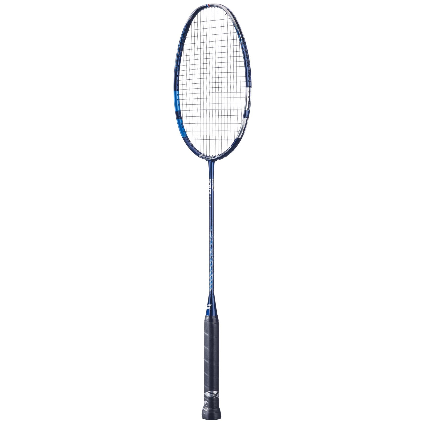 The Babolat Satelite Origin Badminton Racket - Blue, crafted by Babolat, sports a striking blue frame complemented by a sleek black grip. With strings taut across its oval head and a slender shaft, this racket is designed for effortless handling and precision. Its elegant design contrasts beautifully against the white background.