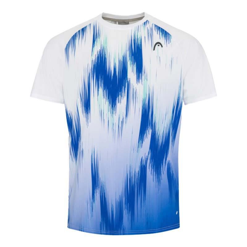 The HEAD Topspin Men's Badminton T-Shirt - WHXV, made by the renowned brand HEAD, is a white short-sleeve athletic shirt perfect for badminton. It showcases a stylish blue and light blue abstract pattern reminiscent of brush strokes and incorporates Moisture Transfer Microfiber technology for exceptional comfort. Additionally, it features a subtle logo near the shoulder.