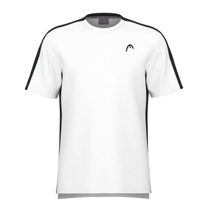 The HEAD Vision Slice Men's Badminton T-Shirt in white boasts a sleek, minimalist design with black shoulder piping and a subtle logo on the left chest. Utilizing Moisture Transfer Microfiber technology, this shirt provides optimal comfort for any athletic activity.