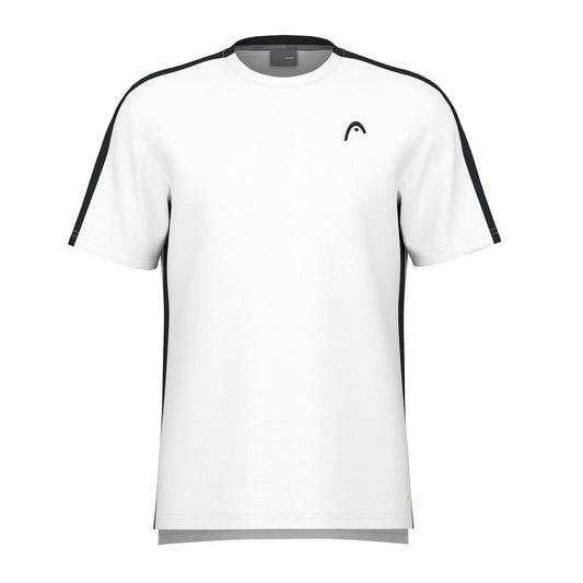 The HEAD Vision Slice Men's Badminton T-Shirt in white boasts a sleek, minimalist design with black shoulder piping and a subtle logo on the left chest. Utilizing Moisture Transfer Microfiber technology, this shirt provides optimal comfort for any athletic activity.