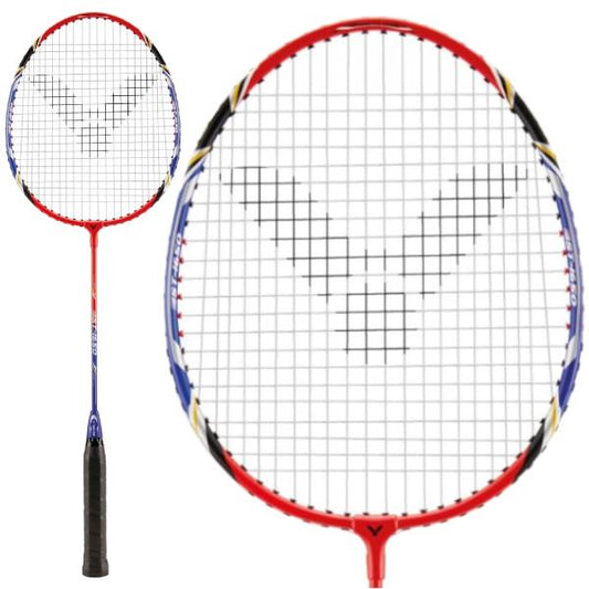 The Victor ST-1650 Badminton Racket - Red / Blue is illustrated from two angles, highlighting its beginner-friendly design. It boasts a red frame accented with blue and yellow, along with a black grip. The visibly strung pattern forms a distinctive "V" shape in the center.