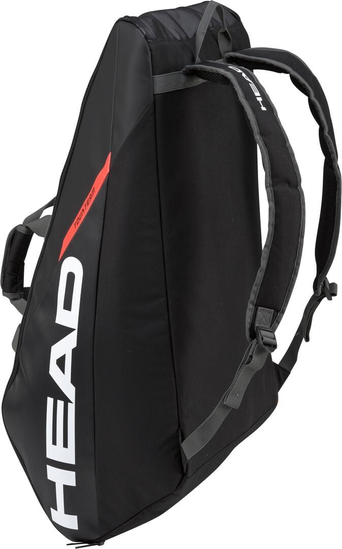 The HEAD Tour Team 9R Supercombi 9 Racket Badminton Bag in black and orange boasts a stylish design with standout features, including CCT+ climate control technology for optimal equipment protection.