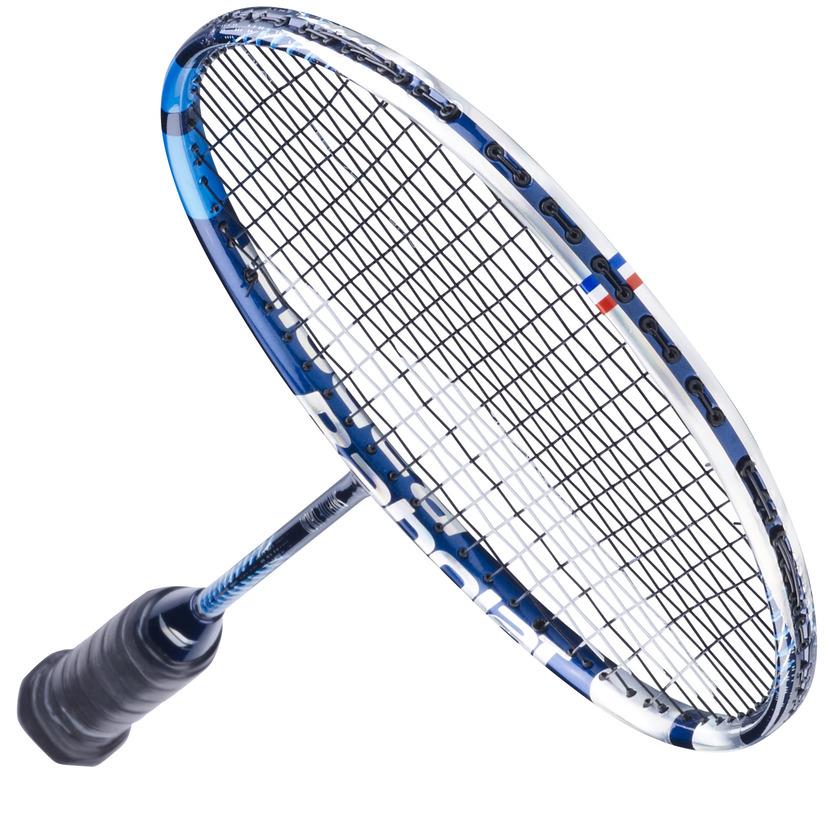 The Babolat Satelite Origin Badminton Racket - Blue, from the renowned brand Babolat, features a stylish blue and white design and a black grip handle. Its tightly woven strings and aerodynamic frame are engineered to deliver precision and ease of handling for players.