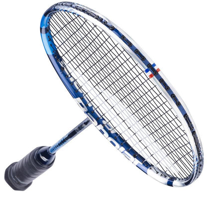 The Babolat Satelite Origin Badminton Racket - Blue, from the renowned brand Babolat, features a stylish blue and white design and a black grip handle. Its tightly woven strings and aerodynamic frame are engineered to deliver precision and ease of handling for players.