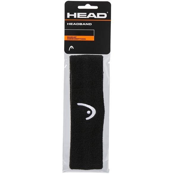 A HEAD Badminton Headband - Black snugly in its packaging, displaying the HEAD logo. The packaging features labels like "HEAD" and "Sweat Absorption," accentuated with vibrant orange highlights, offering not only style but also excellent elasticity for your game.