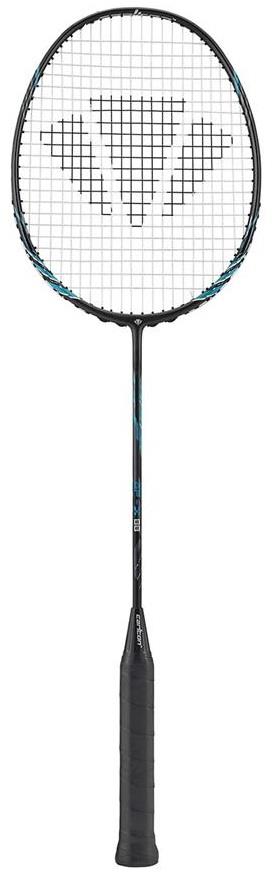 The Carlton GP-X 88 Badminton Racket by Carlton boasts a stunning black and blue Hotmelt design made from Japanese High Modulus Graphite. It features a patterned string bed and a black grip handle with an XTREME Tension Frame, all presented against a sleek white backdrop.