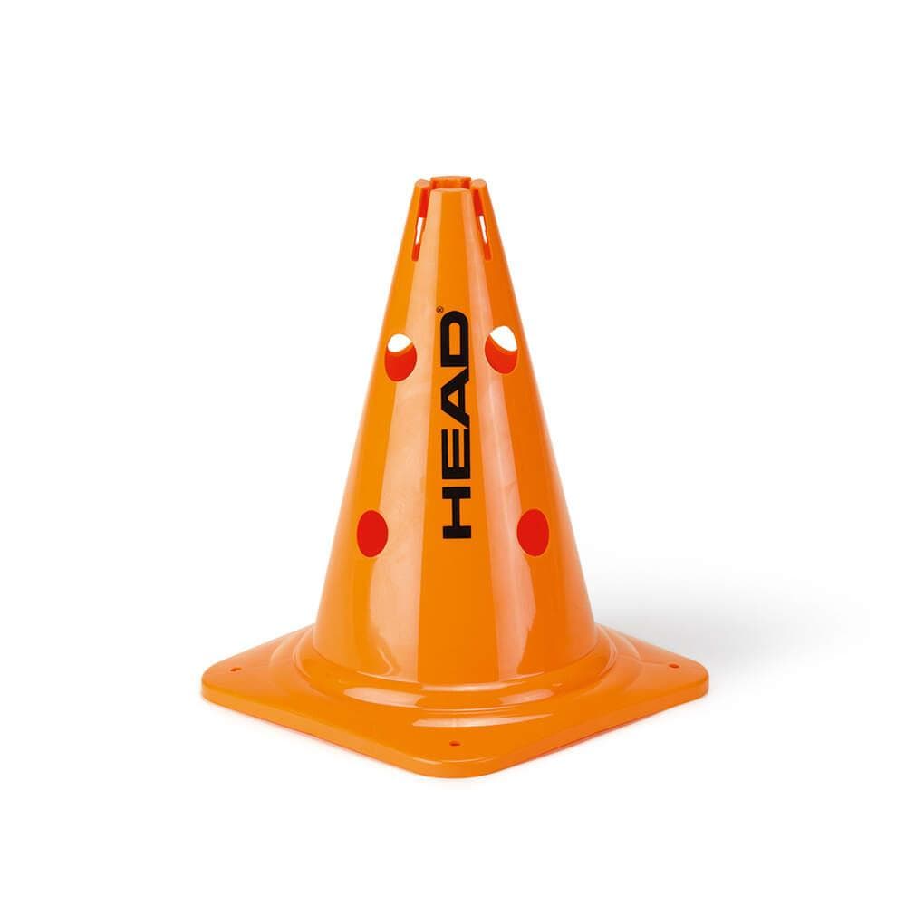 The HEAD Big Training Cone is a sturdy orange traffic cone adorned with red circles and the word "HEAD," complete with a square base and multiple holes along the sides—perfect for incorporating into your running routine for target exercises.