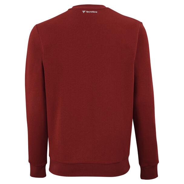 A cardinal long-sleeve Tecnifibre Men's Team Badminton Sweater is crafted from cotton fleece, displayed from the back with a small white logo near the neckline, designed to provide a high-performance style.