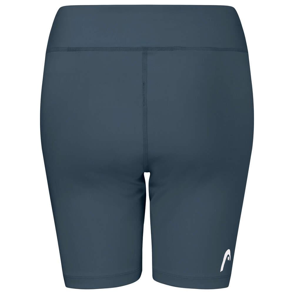 Back view of the HEAD Vision Women's Short Tights in navy, showcasing a logo on the lower left side. These high-waisted shorts, from HEAD, are engineered for comfort and performance with flat seams and crafted from Moisture Transfer Microfiber to ensure you stay dry and cool during workouts.