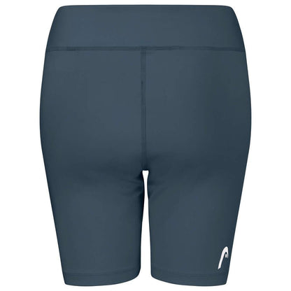 Back view of the HEAD Vision Women's Short Tights in navy, showcasing a logo on the lower left side. These high-waisted shorts, from HEAD, are engineered for comfort and performance with flat seams and crafted from Moisture Transfer Microfiber to ensure you stay dry and cool during workouts.