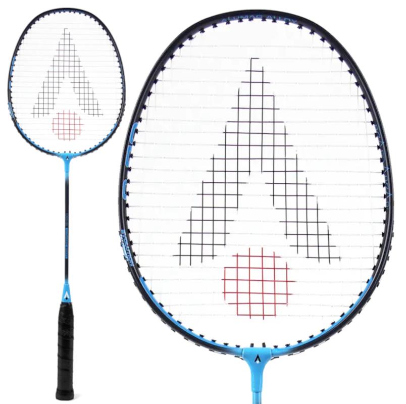 A black and blue beginner badminton racket with an isometric head displaying a patterned logo on its string face, equipped with black strings. The handle is fitted with a black grip. A side view of the Karakal CB-3 2.1 Badminton Racket can be observed alongside it.