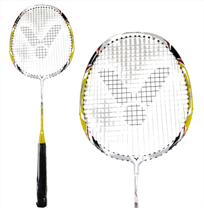 Two badminton rackets are displayed, with one angled to the left and the other facing forward. As part of our educational range, each Victor AL580 Junior Badminton Racket is designed with a sturdy white and yellow frame, proudly showcasing the Victor brand logo within the string pattern.