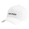 The HEAD Promotion Cap - White, offered by the brand HEAD, is a white baseball cap crafted from soft cotton fabric and features "HEAD" embroidered in black on the front. It includes a curved brim, a button on top, and has an adjustable velcro strap for convenience.