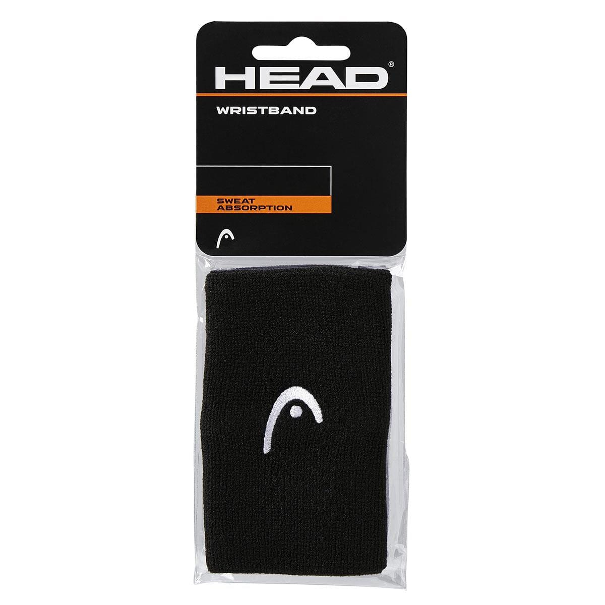 A transparent plastic package with a hang tab displays the HEAD 5" Badminton Wristband - Black, featuring the "HEAD" brand logo. The packaging includes text that reads "Wristband" and highlights its "Sweat Absorption" feature.