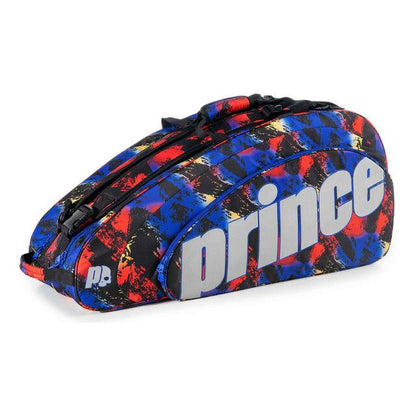 The Prince Hydrogen Random 9 Racket Bag in blue, red, and multi-color features a striking abstract design with the brand's name prominently displayed in large white letters. It offers multiple zipped compartments and is designed to securely hold rackets. The bag also comes with adjustable shoulder straps and thermal protective lining, making it ideal for any match.