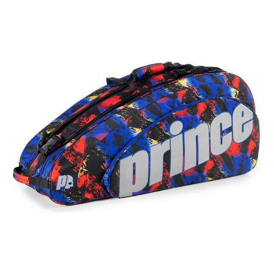 The Prince Hydrogen Random 9 Racket Bag in blue, red, and multi-color features a striking abstract design with the brand's name prominently displayed in large white letters. It offers multiple zipped compartments and is designed to securely hold rackets. The bag also comes with adjustable shoulder straps and thermal protective lining, making it ideal for any match.