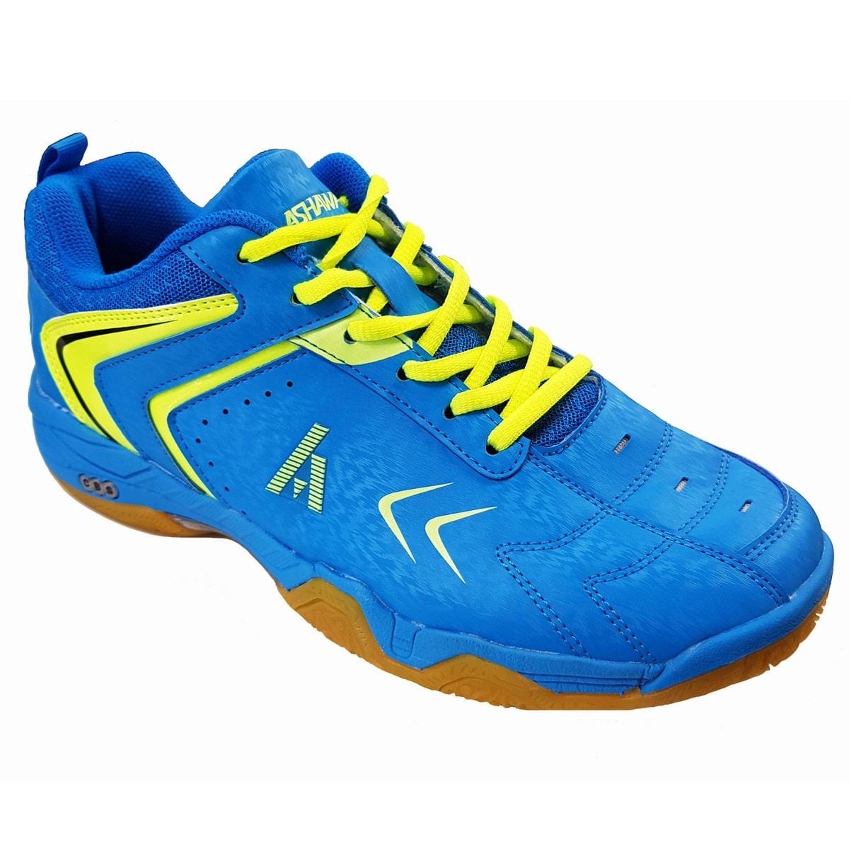 The Ashaway Neo X-Glide Indoor Court Badminton Shoes in Blue and Optic Yellow showcase a PVC upper embellished with yellow laces and detailing. They feature a textured brown sole, brand logo on the side, and a convenient pull tab on the heel.