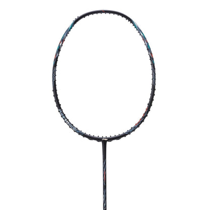 The Li-Ning Axforce 70 4U badminton racket, in sleek Black and Silver, is displayed with a slim frame and detailed string pattern, incorporating a Wing Stabiliser for improved stability. Positioned on a simple white background, the partially visible handle accentuates the frame's graceful oval shape.