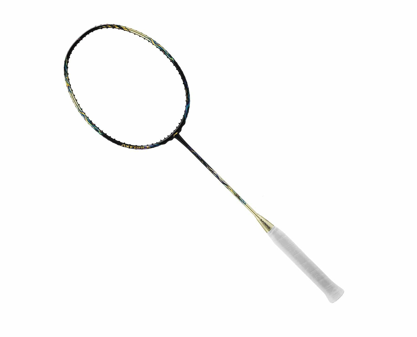 A Li-Ning Axforce 100 badminton racket in pale gold designed for advanced players features a sleek black frame, multicolored strings, and a white grip, all set against a pristine white background.