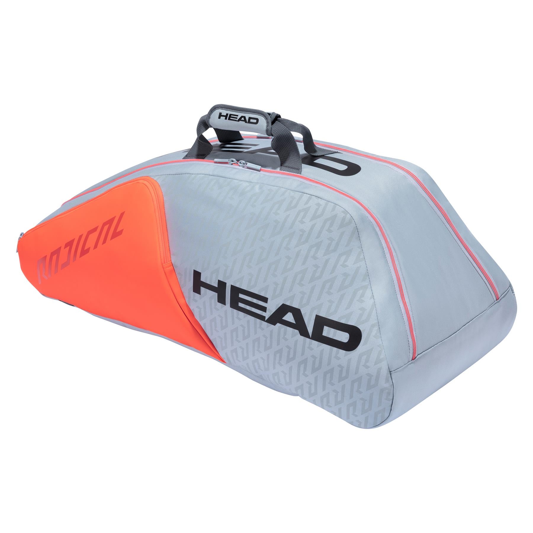 The HEAD Radical 9R Supercombi 9 Racket Bag in grey and orange features black handles and is equipped with Climate Control Technology. It offers two roomy compartments, with "HEAD" prominently displayed on the side of its modern design.