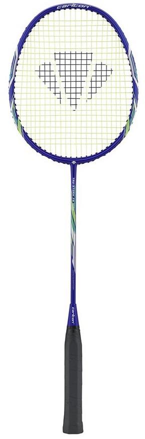 The Carlton Tru-Storm FS 1000 Badminton Racket - Navy Blue is an entry-level badminton racquet by Carlton, featuring a navy blue aluminum frame and a sleek black handle. The strings have a distinct pattern in the center, enhanced with elegant white and green accents on the shaft.