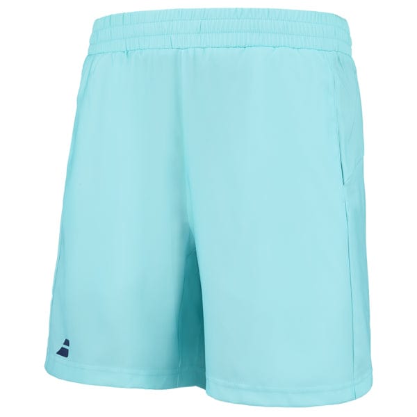 These angel blue Babolat Play Men's Badminton Shorts feature an elastic waistband and side pockets. A small navy logo decorates the lower left front. The FIBERDRY fabric is soft and lightweight, expertly designed for comfort and 360 MOTION ease with every swing and stride.