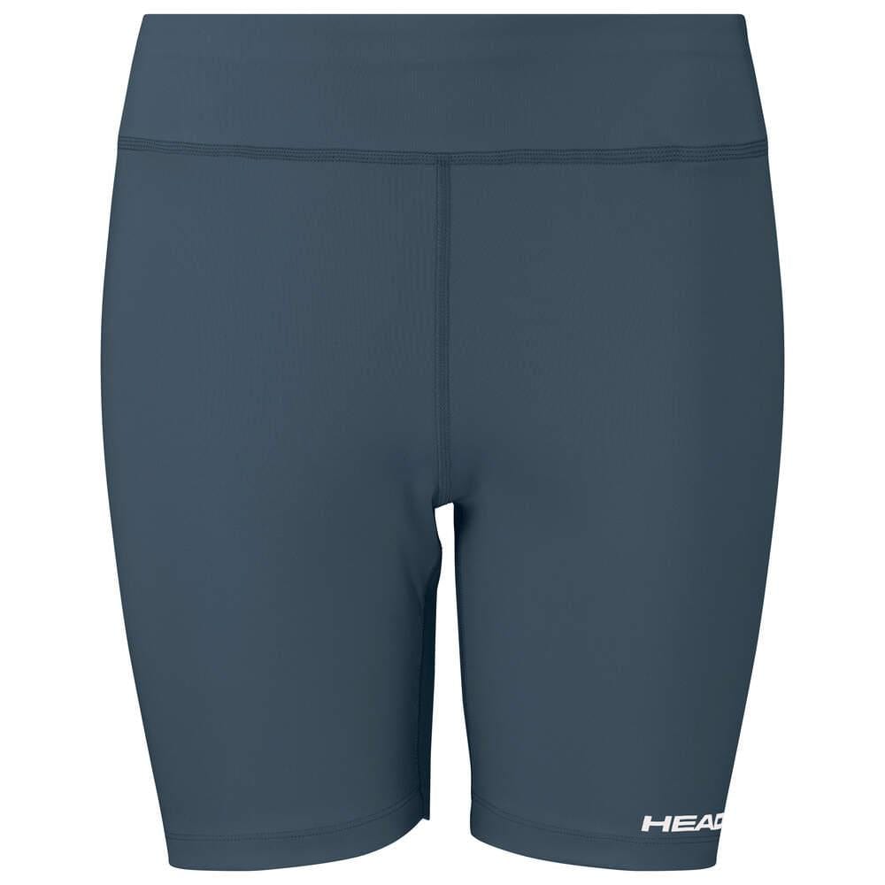 These Vision Women's Short Tights in navy from HEAD feature a sleek design. The word "HEAD" is emblazoned in white on one leg near the hem. Made with smooth, stretchy Moisture Transfer Microfiber, they offer excellent comfort and performance for sports or exercise.